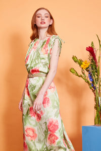 Lavanya Coodly Apparel & Accessories > Clothing > Dresses Lavanya Coodly Jessica Floral Midi Dress in Orange & Green on Almond Silk with Bateau Neckline & Cap Sleeves
