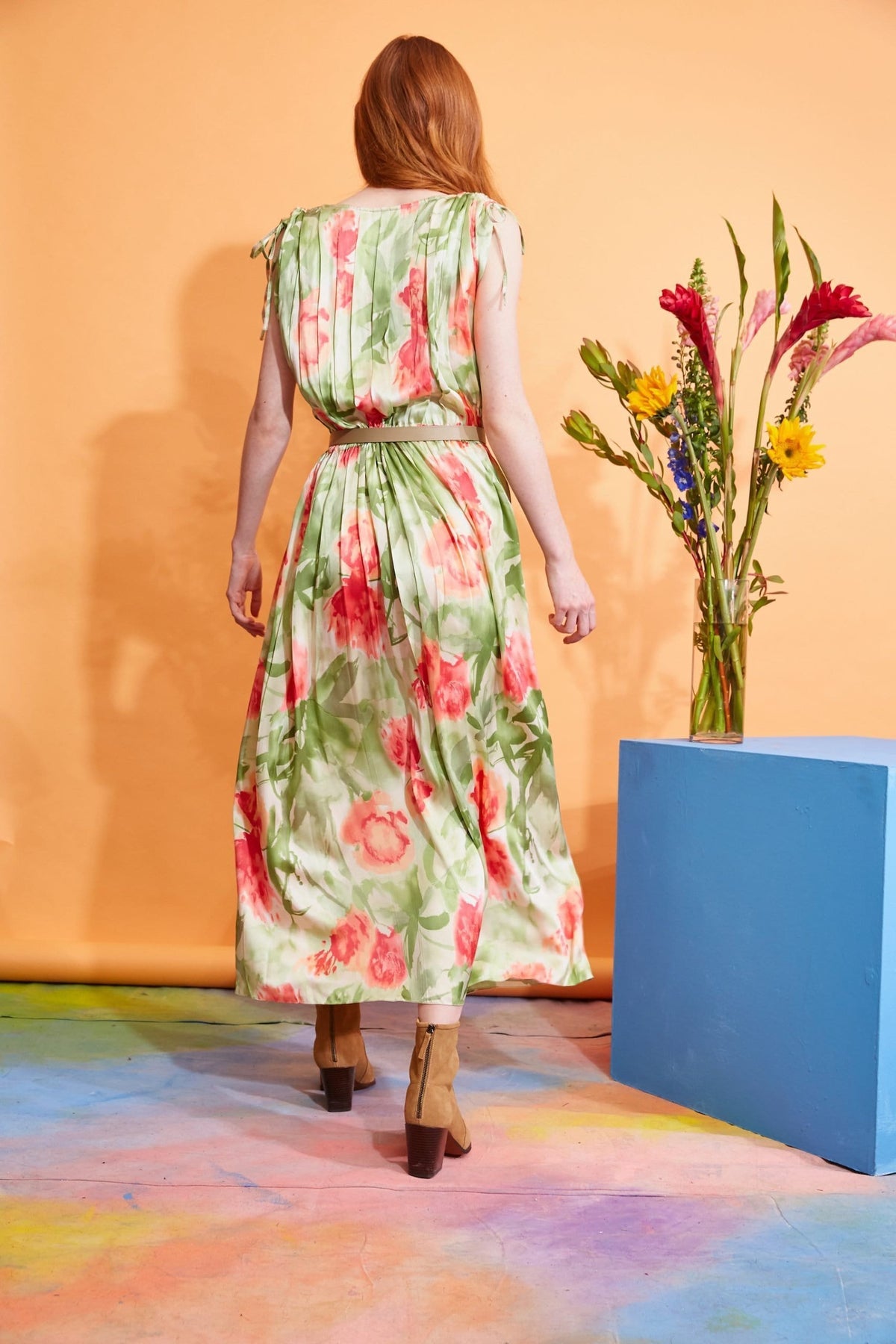 Lavanya Coodly Apparel & Accessories > Clothing > Dresses Lavanya Coodly Jessica Floral Midi Dress in Orange & Green on Almond Silk with Bateau Neckline & Cap Sleeves