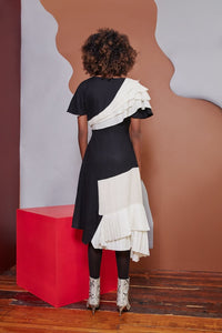 Lavanya Coodly Apparel & Accessories > Clothing > Dresses Lavanya Coodly Mackenzie Black & Ivory Color Block Merino Wool Midi Dress with V-Neck, Cap Sleeves, & Pleated Detail