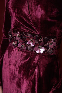 Lavanya Coodly Apparel & Accessories > Clothing > Dresses Lavanya Coodly Women's Burgundy Silk Velvet Meghan Gown with Refined Deep V-Neckline, Long Sleeves, and Subtle Side Slit