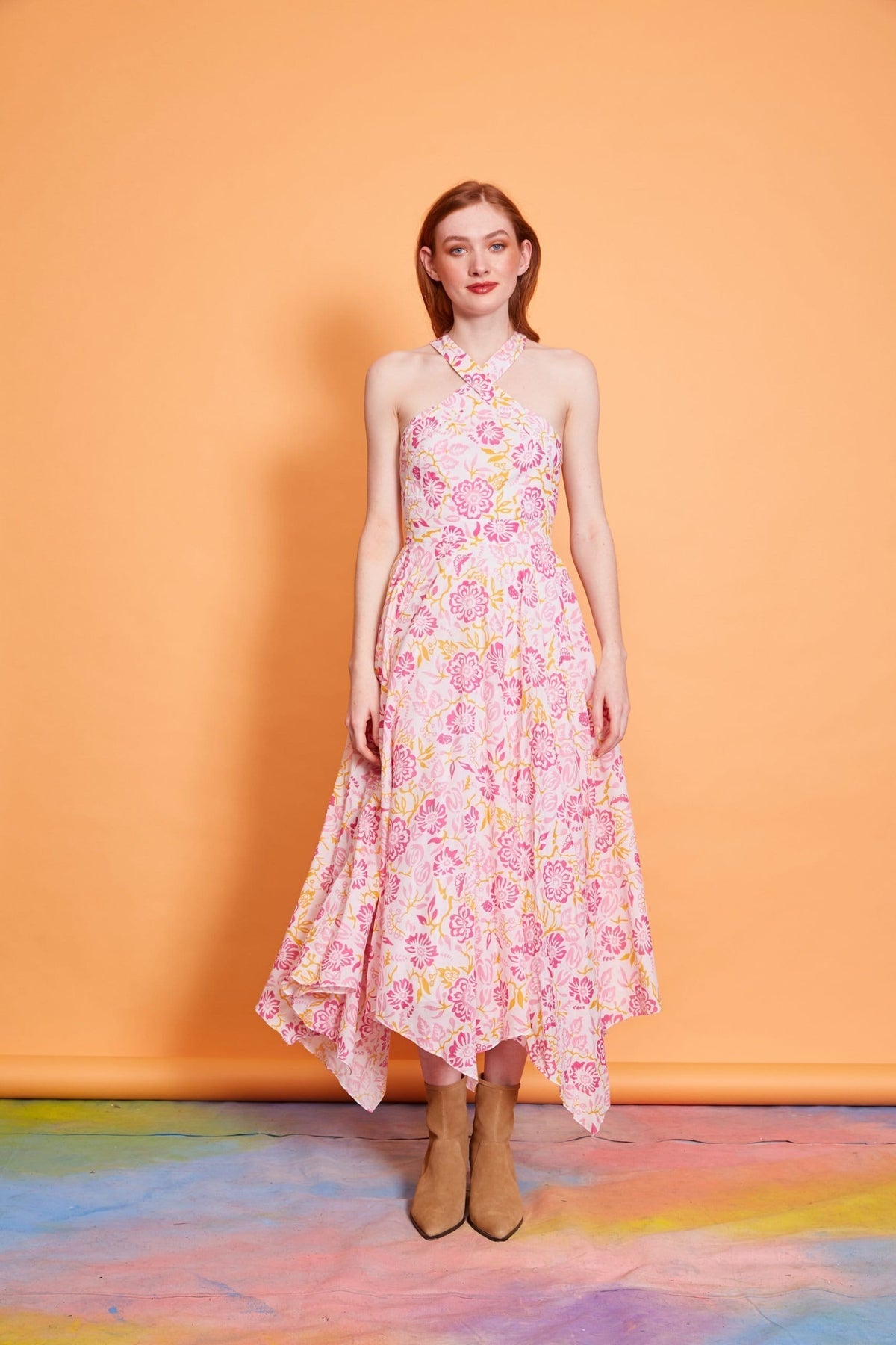 Lavanya Coodly Apparel & Accessories > Clothing > Dresses Lavanya Coodly Women's Caroline Pink Cotton Tea Length Halter Dress
