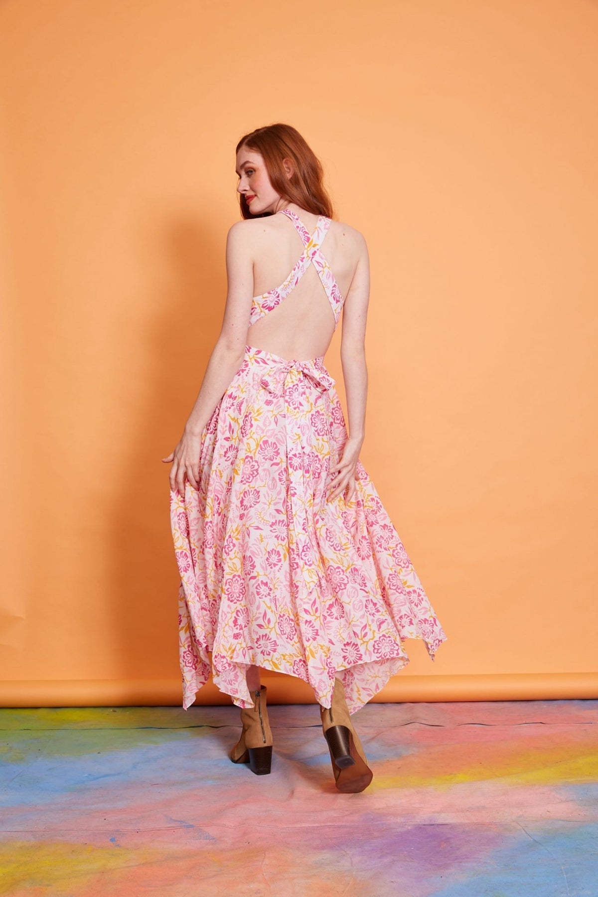 Lavanya Coodly Apparel & Accessories > Clothing > Dresses Lavanya Coodly Women's Caroline Pink Cotton Tea Length Halter Dress