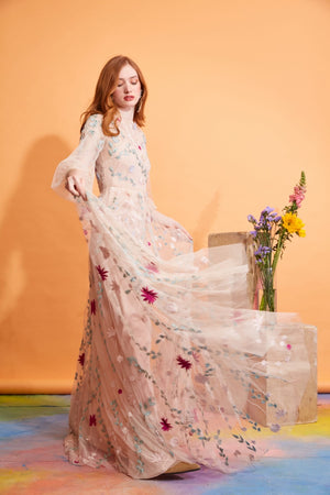 Lavanya Coodly Apparel & Accessories > Clothing > Dresses Lavanya Coodly Women's Hand-Embroidered Freya Floor Length Blush Dress with Pearl Embellishments and Floral Motif