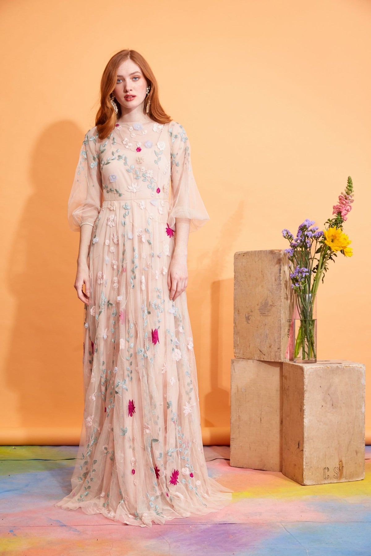 Lavanya Coodly Apparel & Accessories > Clothing > Dresses Lavanya Coodly Women's Hand-Embroidered Freya Floor Length Blush Dress with Pearl Embellishments and Floral Motif