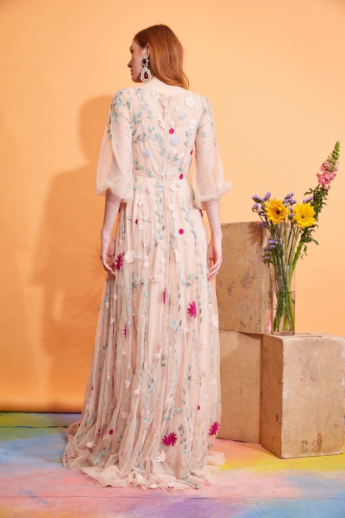 Lavanya Coodly Apparel & Accessories > Clothing > Dresses Lavanya Coodly Women's Hand-Embroidered Freya Floor Length Blush Dress with Pearl Embellishments and Floral Motif