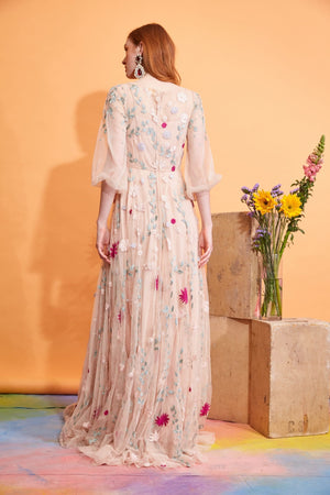 Lavanya Coodly Apparel & Accessories > Clothing > Dresses Lavanya Coodly Women's Hand-Embroidered Freya Floor Length Blush Dress with Pearl Embellishments and Floral Motif