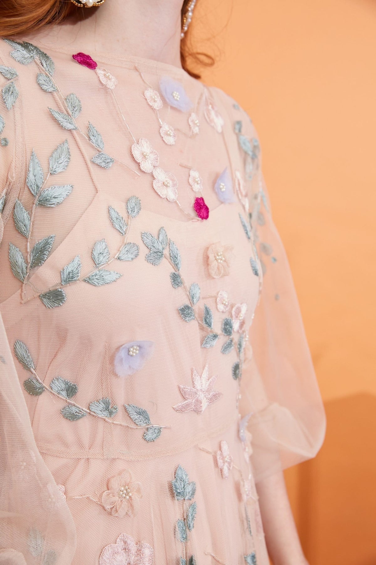 Lavanya Coodly Apparel & Accessories > Clothing > Dresses Lavanya Coodly Women's Hand-Embroidered Freya Floor Length Blush Dress with Pearl Embellishments and Floral Motif