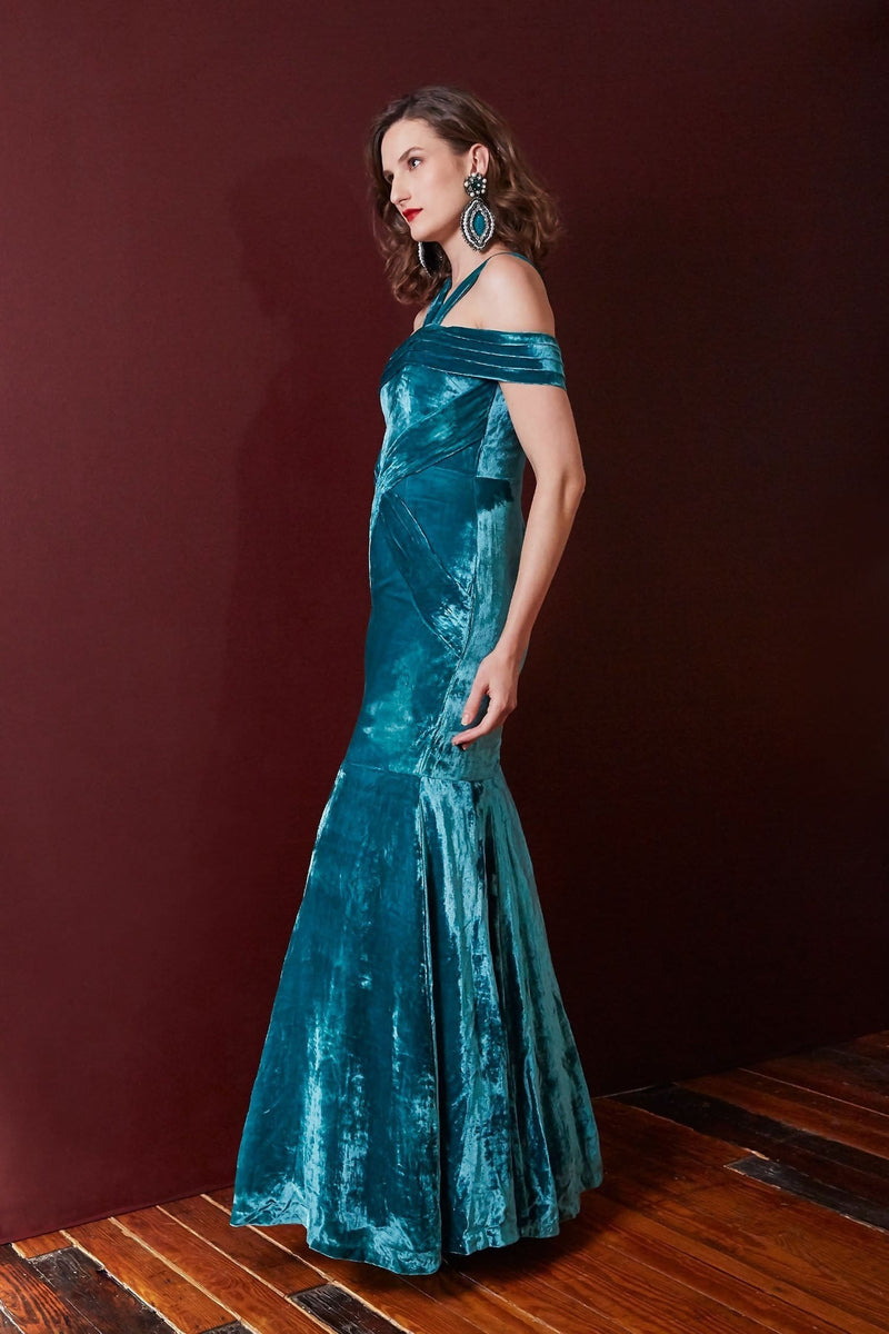 Lavanya Coodly Apparel & Accessories > Clothing > Dresses Lavanya Coodly Women's Kaylin Bodycon Gown in Teal Silk Velvet with Ruched Strap & Off-Shoulder Design