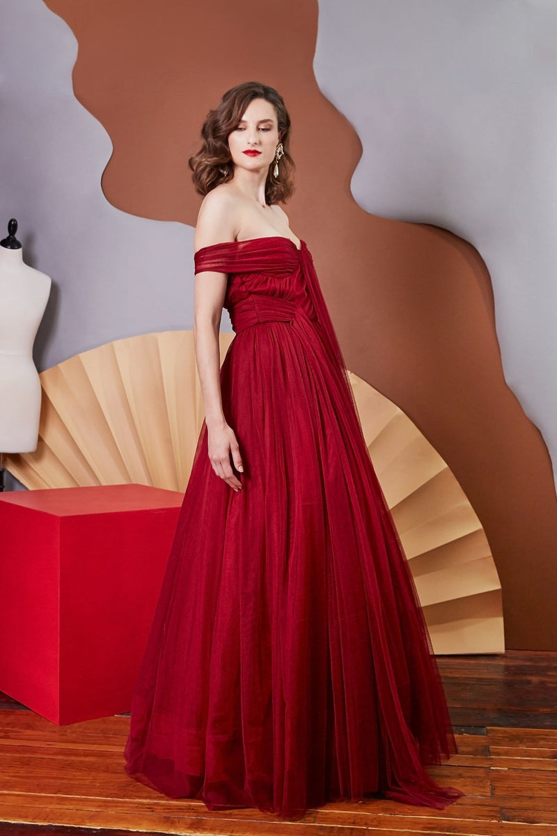 Lavanya Coodly Apparel & Accessories > Clothing > Dresses Lavanya Coodly Women's Lorraine Red Draped Tulle Ball Gown with Off Shoulder Neckline & Corseted Bodice