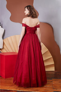 Lavanya Coodly Apparel & Accessories > Clothing > Dresses Lavanya Coodly Women's Lorraine Red Draped Tulle Ball Gown with Off Shoulder Neckline & Corseted Bodice