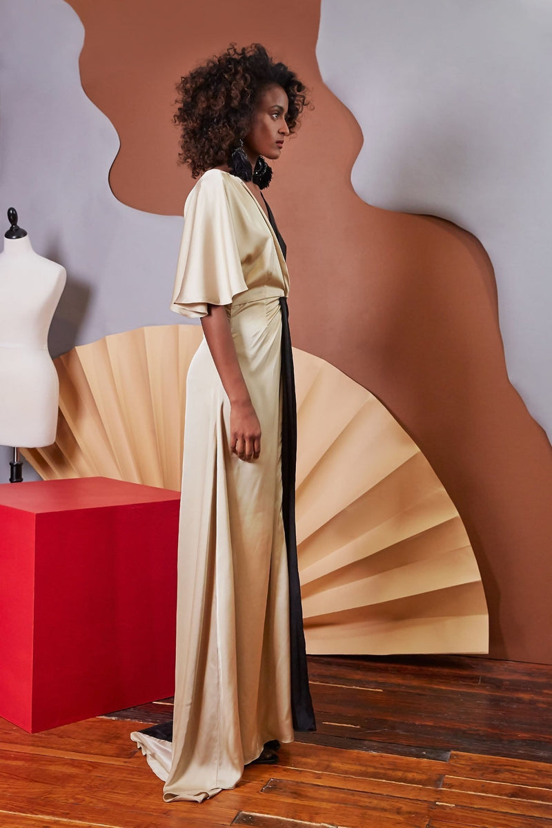 Lavanya Coodly Apparel & Accessories > Clothing > Dresses Lavanya Coodly Women's Madison Gown in Pale Gold & Black Color Blocked Satin & Butterfly Sleeves