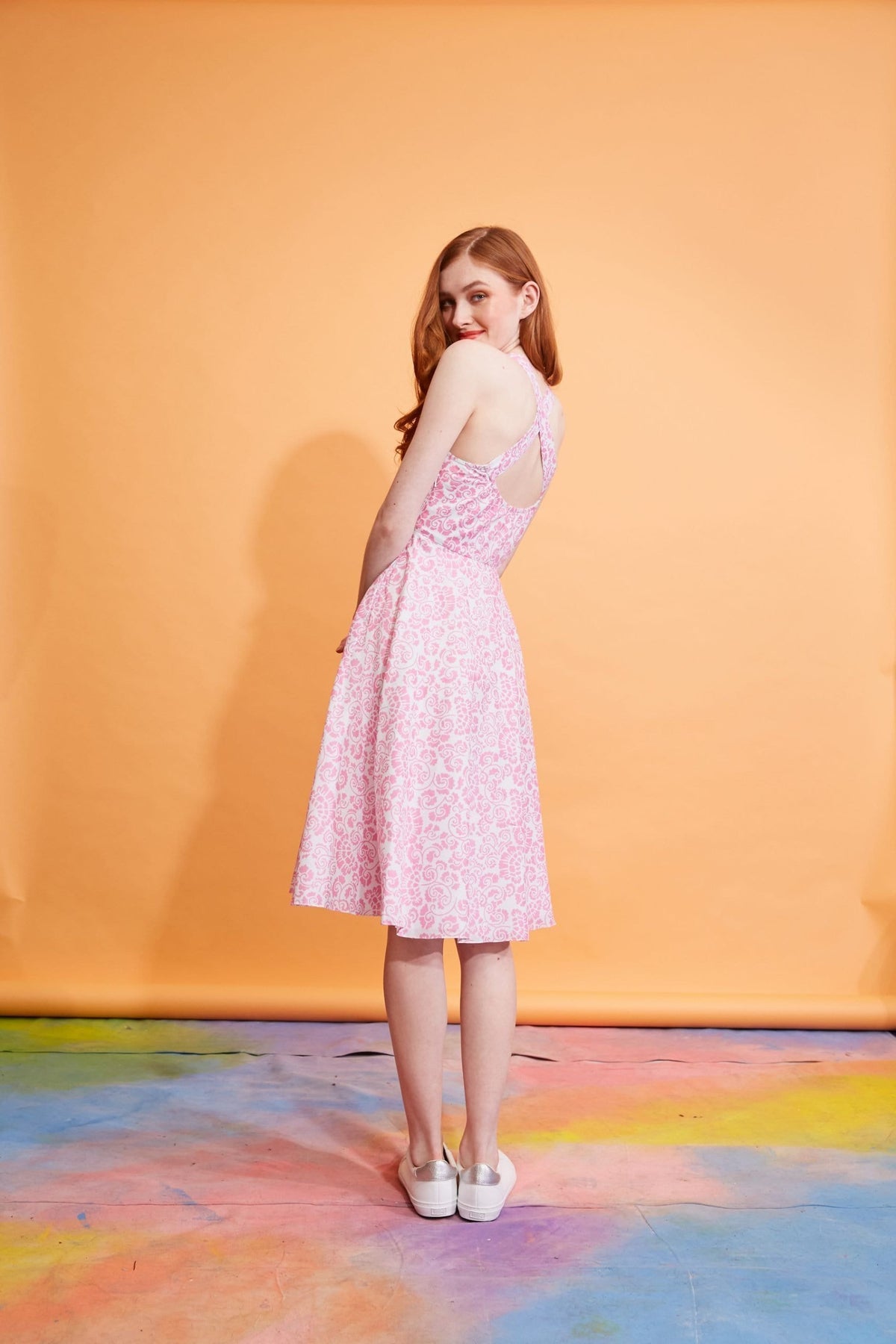 Lavanya Coodly Apparel & Accessories > Clothing > Dresses Lavanya Coodly Women's Pink Cotton Savannah Fit and Flare Open Back Midi Dress