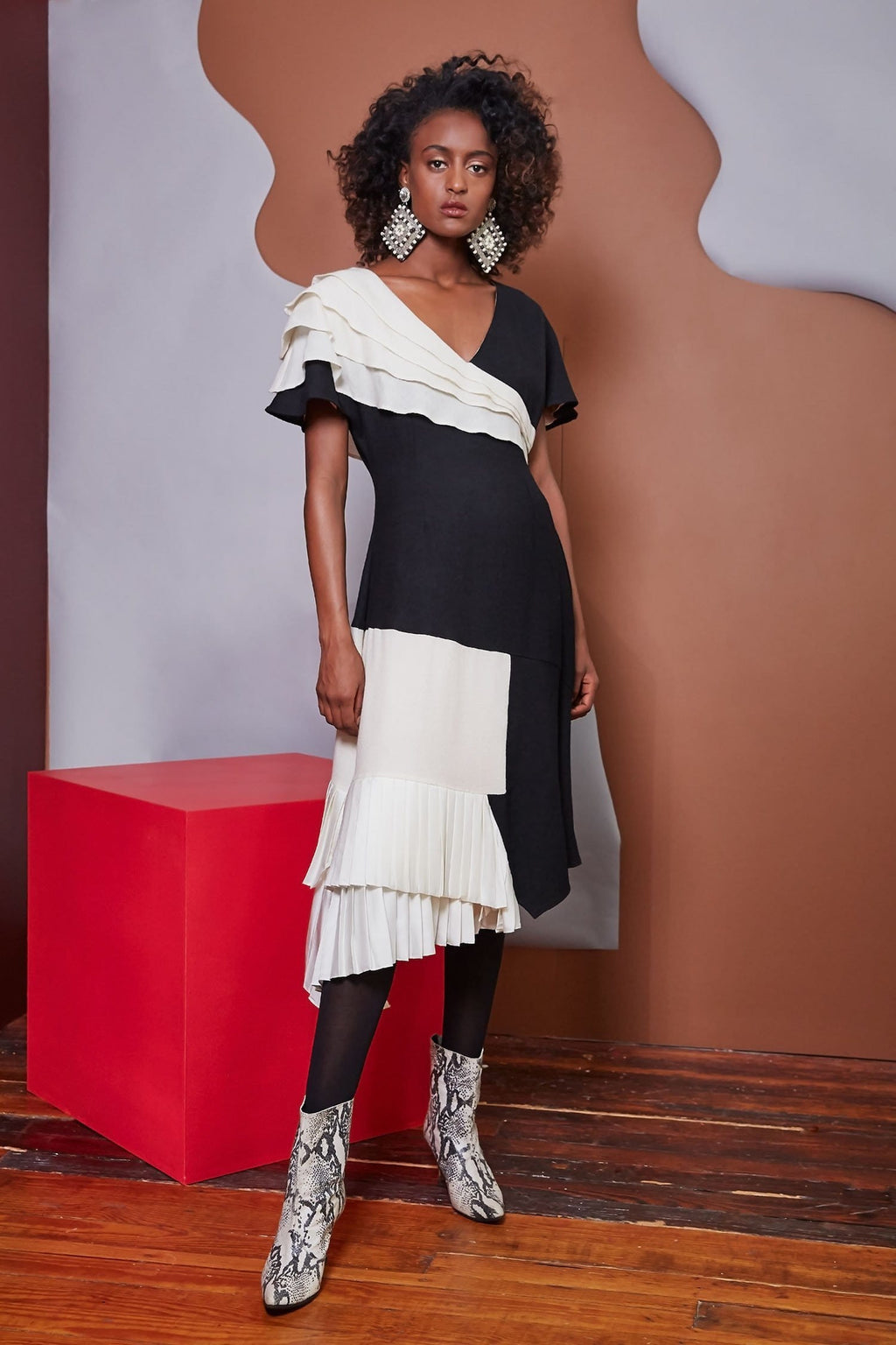 Lavanya Coodly Apparel & Accessories > Clothing > Dresses XS / Black/Ivory Lavanya Coodly Mackenzie Black & Ivory Color Block Merino Wool Midi Dress with V-Neck, Cap Sleeves, & Pleated Detail
