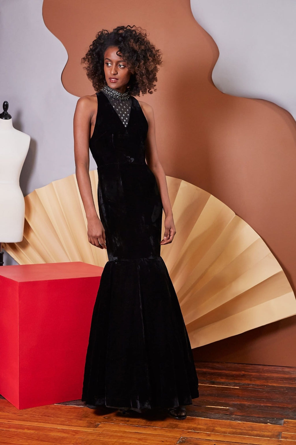 Lavanya Coodly Apparel & Accessories > Clothing > Dresses XS / Black Lavanya Coodly Vivian Sleeveless Black Satin Velvet Floor Length Gown with Restrained Beading, See-Through Back