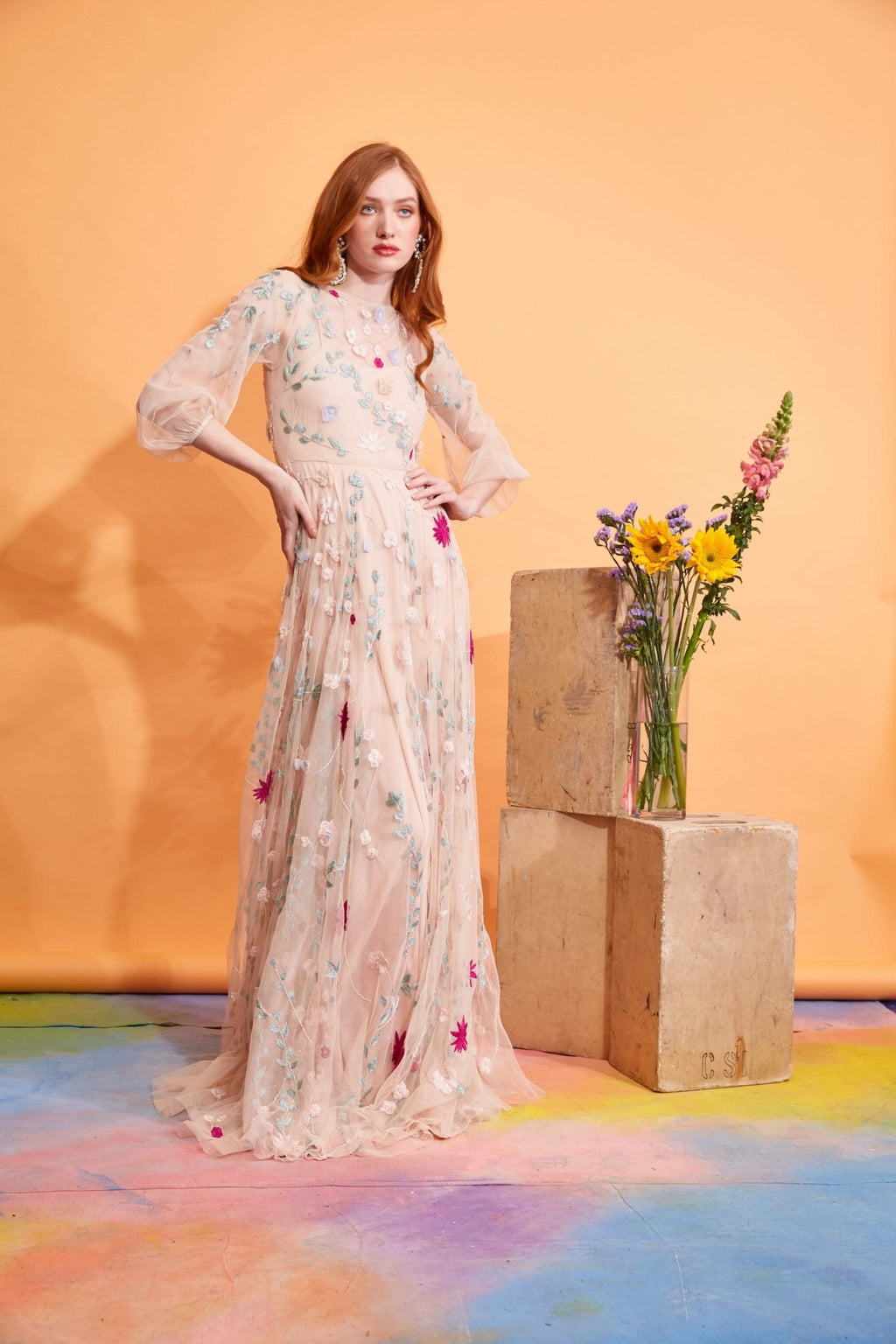 Lavanya Coodly Apparel & Accessories > Clothing > Dresses XS / Blush Lavanya Coodly Women's Hand-Embroidered Freya Floor Length Blush Dress with Pearl Embellishments and Floral Motif