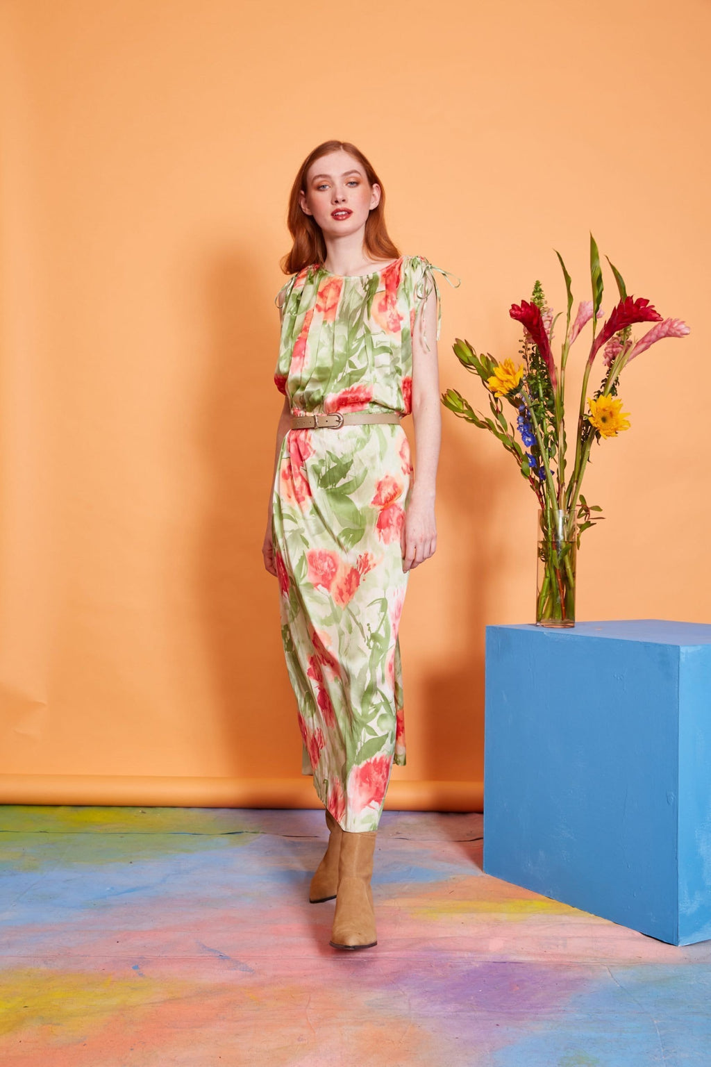 Lavanya Coodly Apparel & Accessories > Clothing > Dresses XS / Orange/Green Lavanya Coodly Jessica Floral Midi Dress in Orange & Green on Almond Silk with Bateau Neckline & Cap Sleeves
