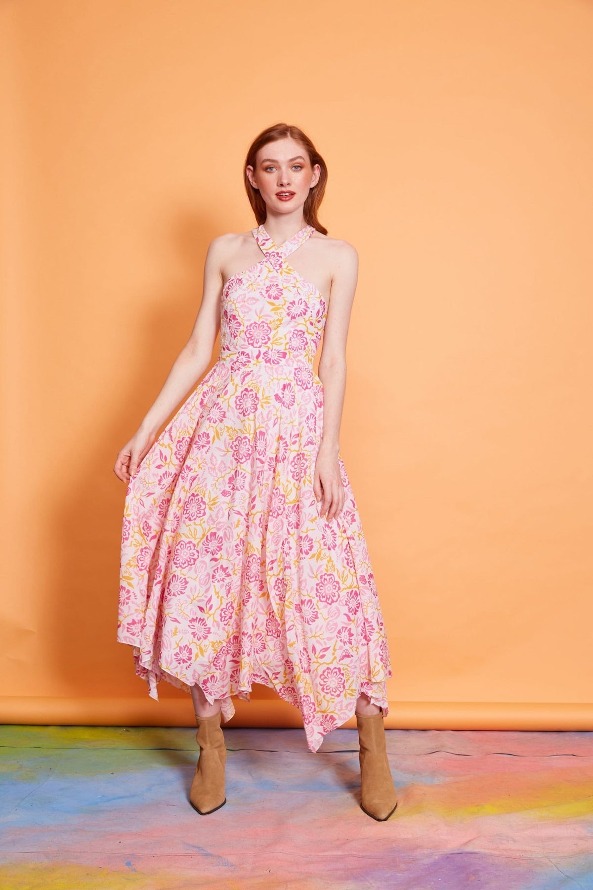 Lavanya Coodly Apparel & Accessories > Clothing > Dresses XS / Pink Lavanya Coodly Women's Caroline Pink Cotton Tea Length Halter Dress