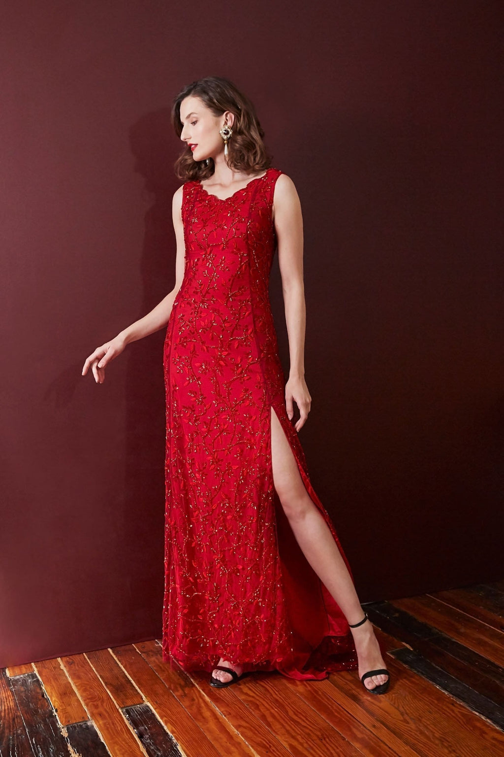 Lavanya Coodly Apparel & Accessories > Clothing > Dresses XS / Red Lavanya Coodly Adeline Hand-Embroidered Floral on Red Tulle Floor Length Gown