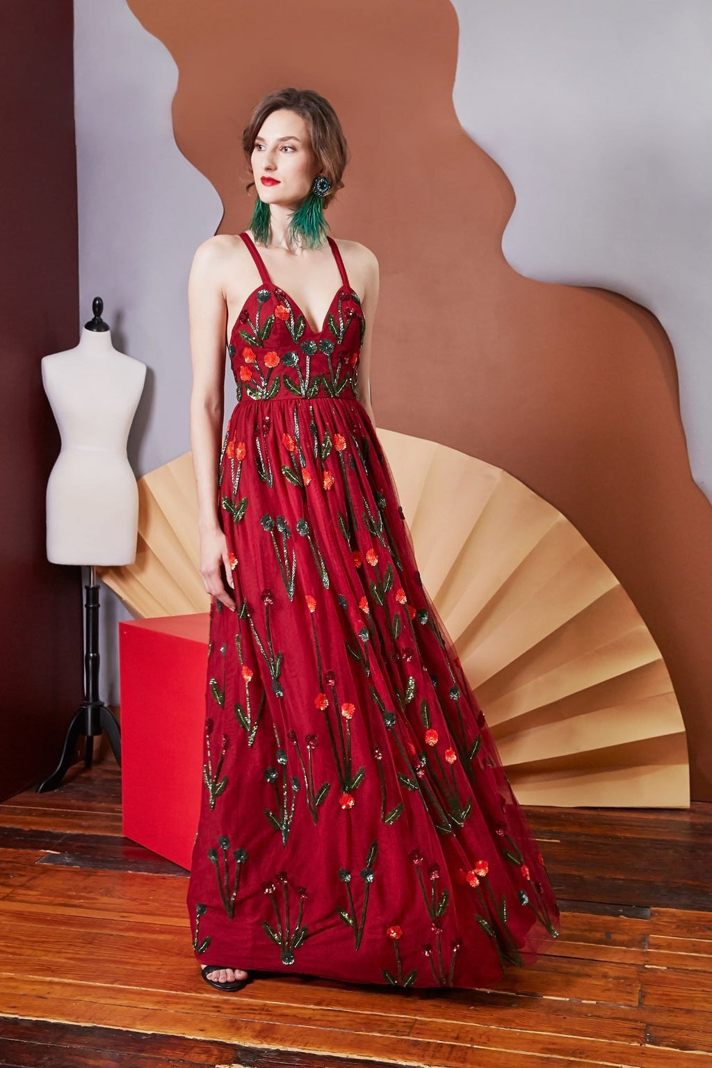 Lavanya Coodly Apparel & Accessories > Clothing > Dresses XS / Red Lavanya Coodly Hand-Beaded Floor Length Floral Sequin & Glass Red Sylvia Gown