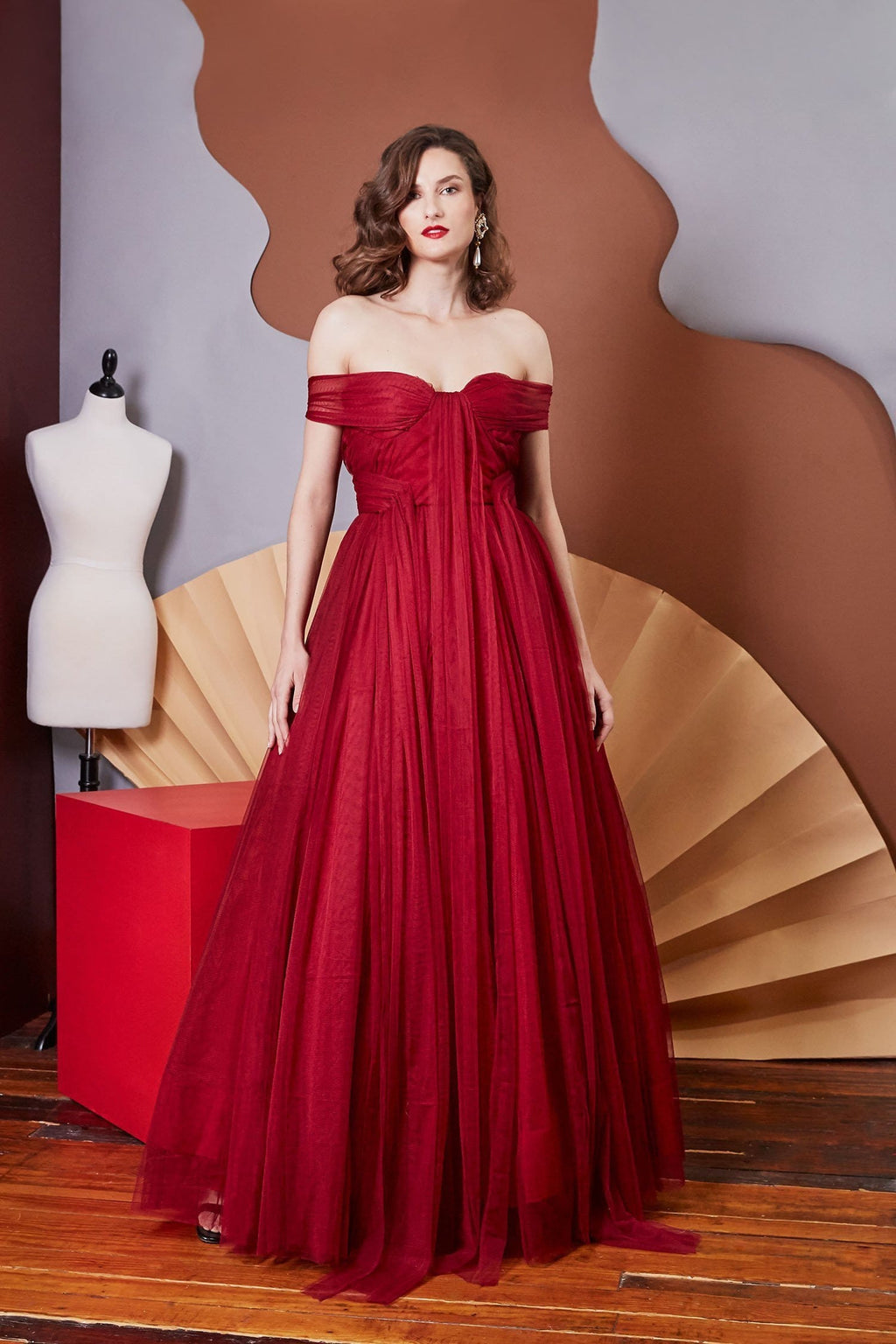 Lavanya Coodly Apparel & Accessories > Clothing > Dresses XS / Red Lavanya Coodly Women's Lorraine Red Draped Tulle Ball Gown with Off Shoulder Neckline & Corseted Bodice