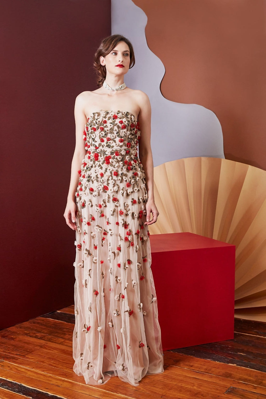 Lavanya Coodly Apparel & Accessories > Clothing > Dresses XS / Tan Lavanya Coodly Floral Maureen Nude Tulle Floor Length Gown with Hand Beading in Red, Nude, & Antique Gold