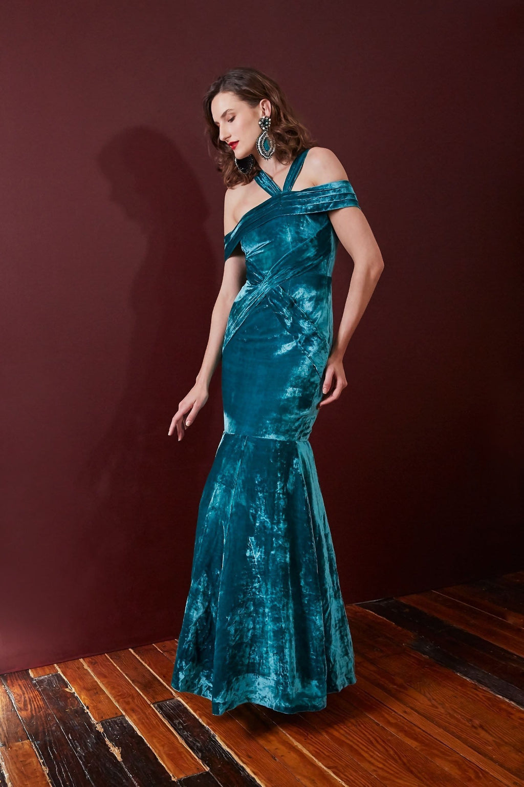 Lavanya Coodly Apparel & Accessories > Clothing > Dresses XS / Teal Lavanya Coodly Women's Kaylin Bodycon Gown in Teal Silk Velvet with Ruched Strap & Off-Shoulder Design