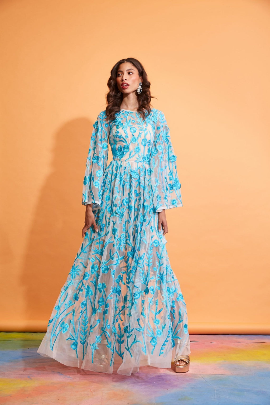 Lavanya Coodly Apparel & Accessories > Clothing > Dresses XS / Turquoise Lavanya Coodly Gladys Turquoise Hand-Embroidered Floral Gown with Fitted Bodice, High Neckline, & Full Sleeves