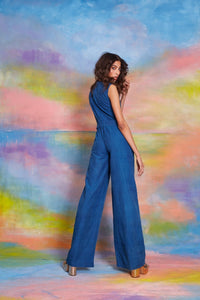 Lavanya Coodly Apparel & Accessories > Clothing > Jumpsuits Default Title / Blue Lavanya Coodly Alexandra Sleeveless Blue Jumpsuit with Wrap Style Cinched Waist & Wide Leg Pants