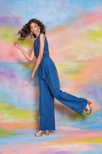 Lavanya Coodly Apparel & Accessories > Clothing > Jumpsuits Default Title / Blue Lavanya Coodly Alexandra Sleeveless Blue Jumpsuit with Wrap Style Cinched Waist & Wide Leg Pants