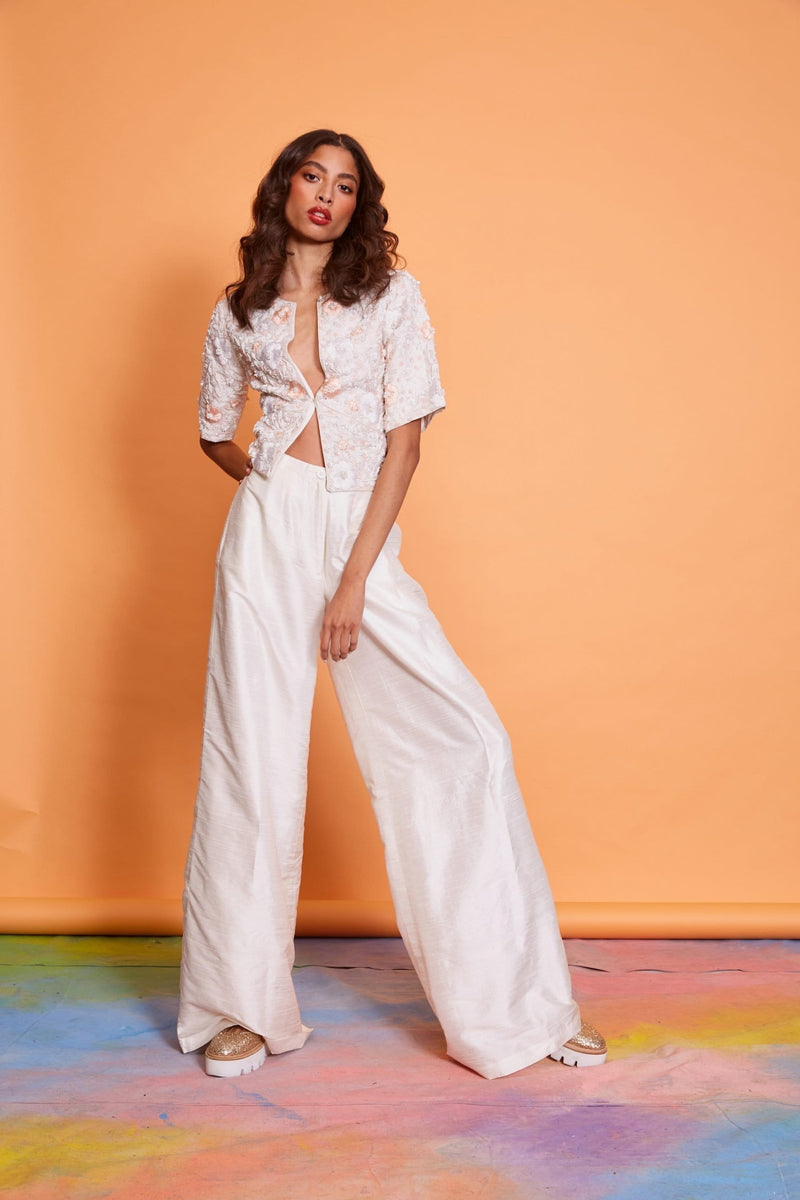 Lavanya Coodly Apparel & Accessories > Clothing > Pants Lavanya Coodly Women's Fatima 100% Silk Hand-Embroidered White Jacket