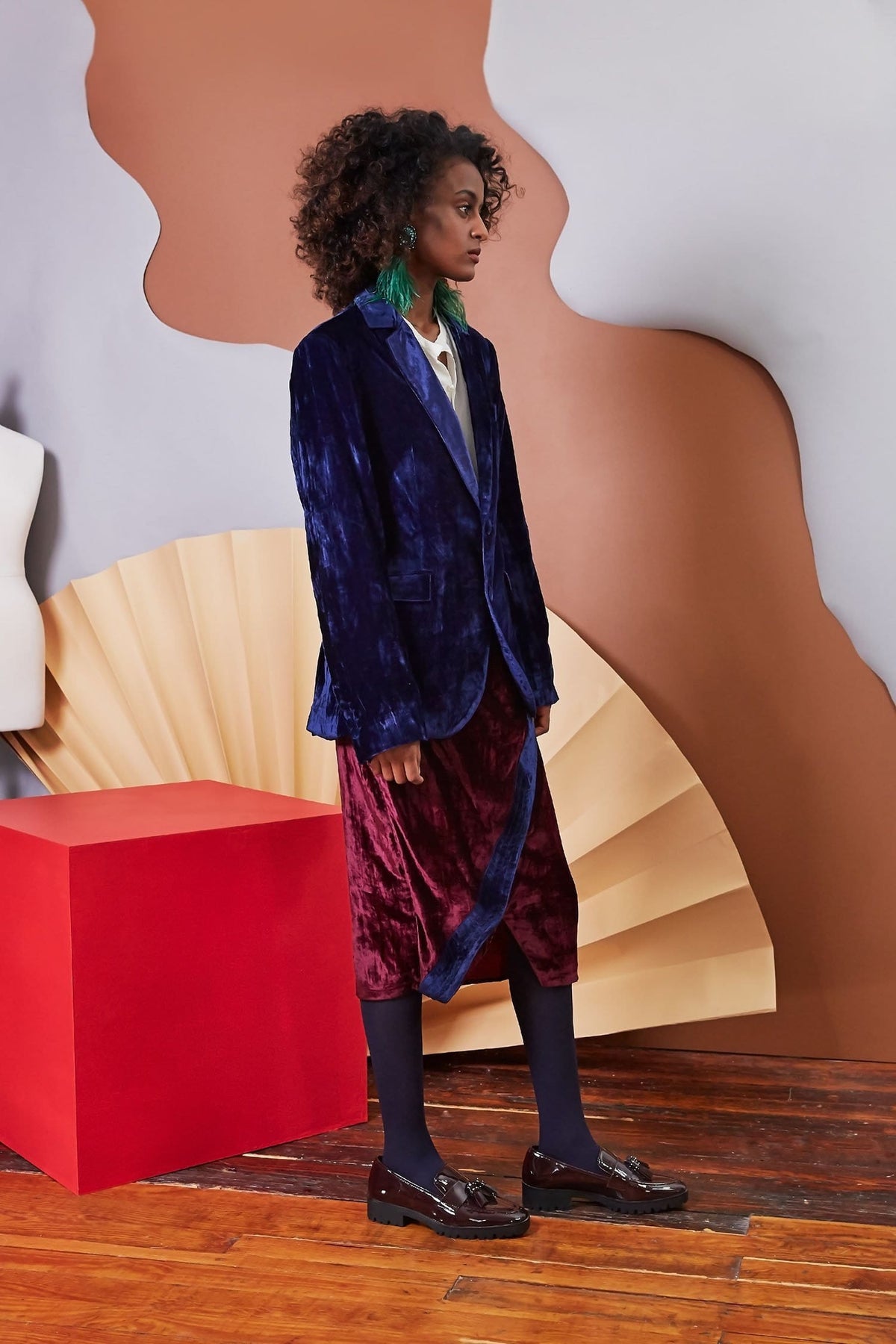 Lavanya Coodly Apparel & Accessories > Clothing > Skirts Lavanya Coodly Women's Burgundy Silk Velvet Reagan Wrap Midi Skirt with Royal Blue Accents