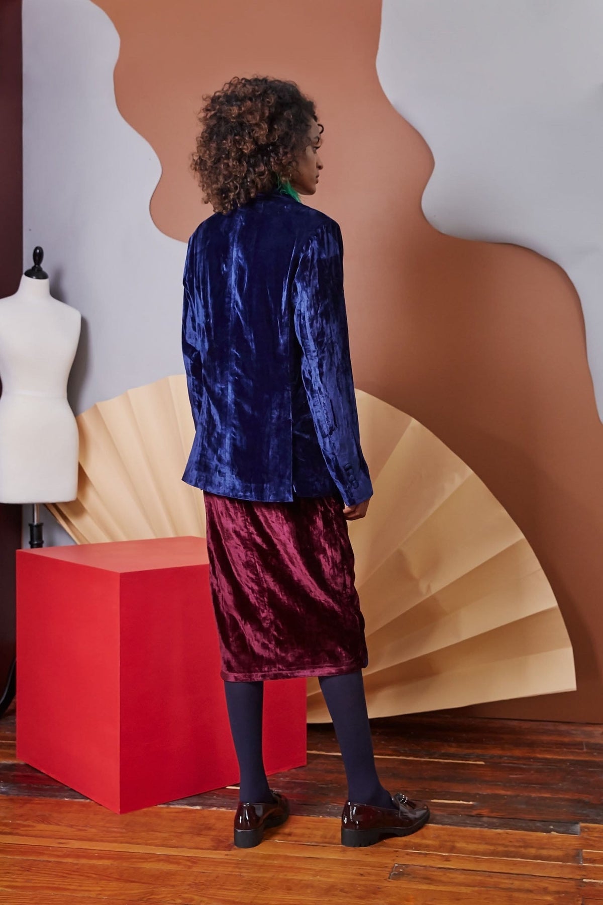 Lavanya Coodly Apparel & Accessories > Clothing > Skirts Lavanya Coodly Women's Burgundy Silk Velvet Reagan Wrap Midi Skirt with Royal Blue Accents