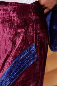 Lavanya Coodly Apparel & Accessories > Clothing > Skirts Lavanya Coodly Women's Burgundy Silk Velvet Reagan Wrap Midi Skirt with Royal Blue Accents