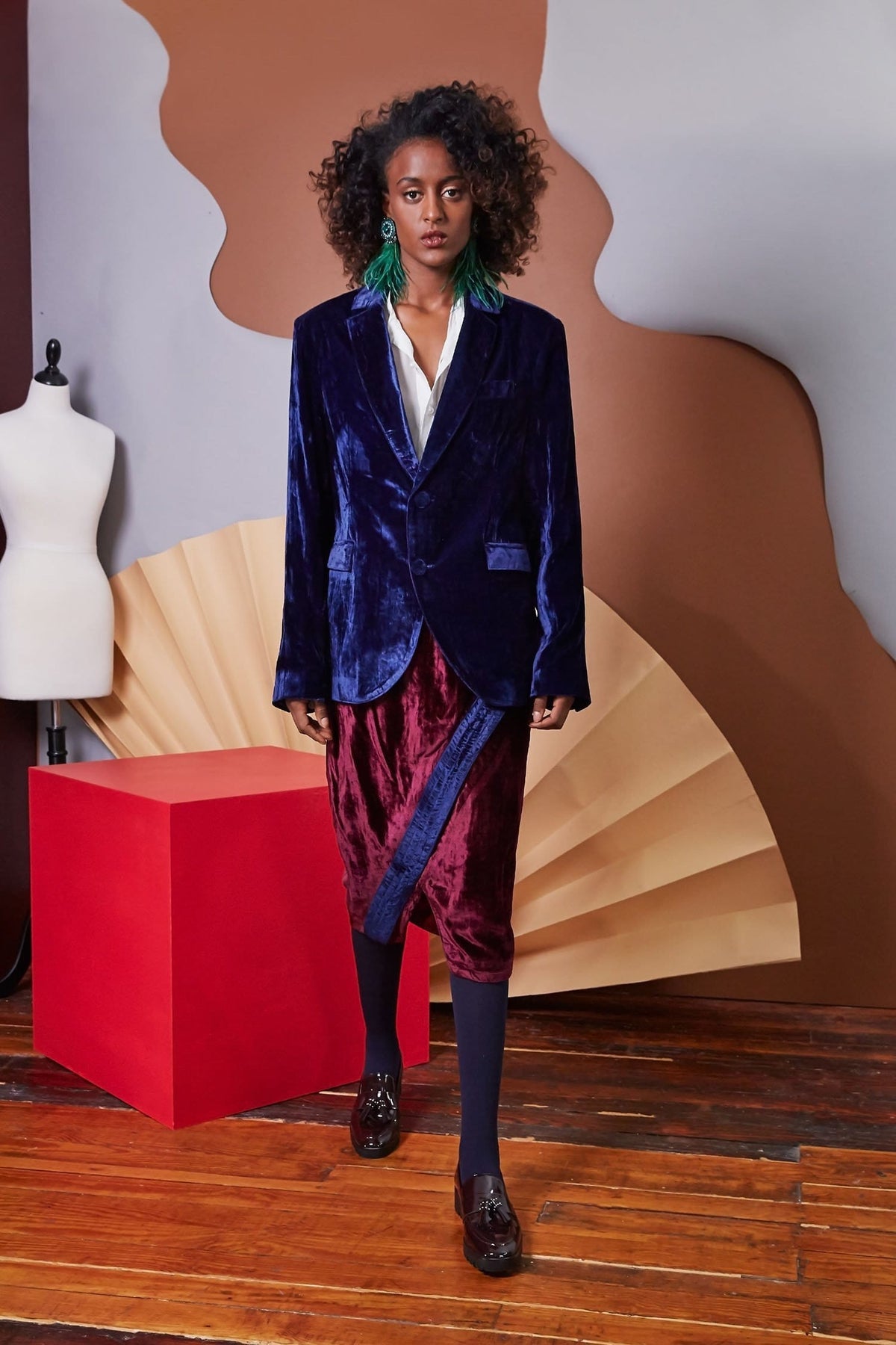 Lavanya Coodly Apparel & Accessories > Clothing > Skirts XS / Burgundy Lavanya Coodly Women's Burgundy Silk Velvet Reagan Wrap Midi Skirt with Royal Blue Accents