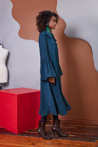 Lavanya Coodly Dresses Lavanya Coodly Women's Catherine Forest Green Silk Leopard Print Bell Sleeve Midi Dress