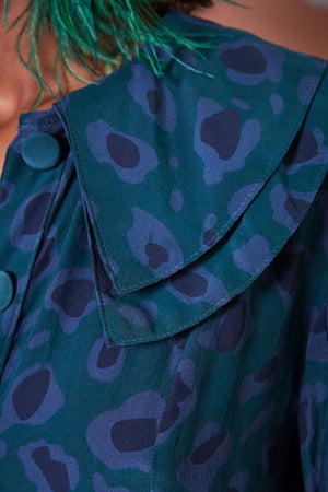 Lavanya Coodly Dresses Lavanya Coodly Women's Catherine Forest Green Silk Leopard Print Bell Sleeve Midi Dress