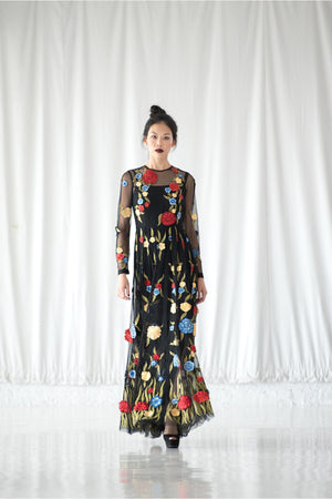 Lavanya Coodly Lavanya Coodly Floral Appliqué Sheer Flared Full Length Hand-Embroidered Gown in Black