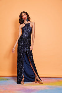 Lavanya Coodly Lavanya Coodly Jennifer Gown in Midnight Blue Sequins on Tulle with Plunging Back & Front Slit