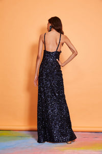 Lavanya Coodly Lavanya Coodly Jennifer Gown in Midnight Blue Sequins on Tulle with Plunging Back & Front Slit