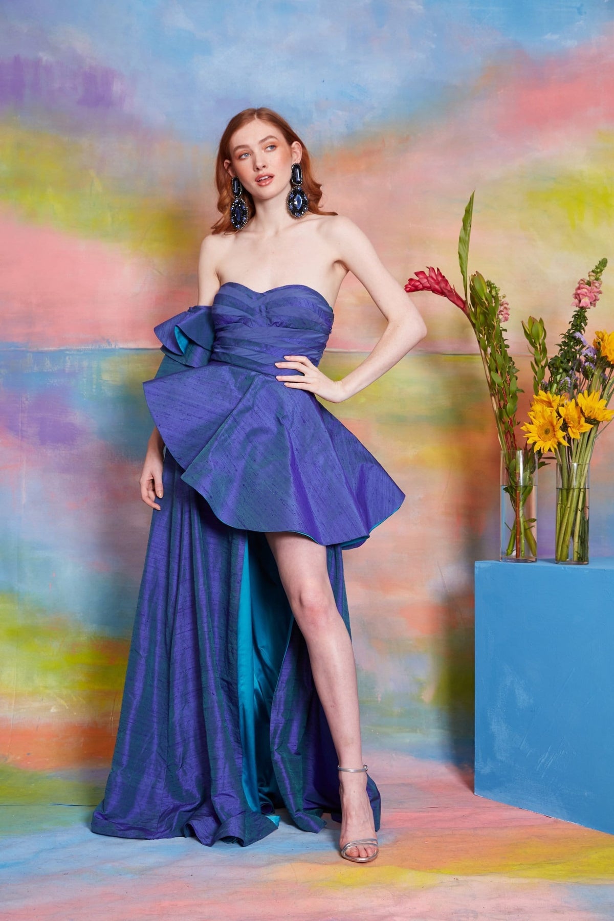 Lavanya Coodly Lavanya Coodly Natasha Blue Silk Evening Gown with Heart Neckline, Exaggerated Off Shoulder Sleeves & Asymmetrical Peplum Detail