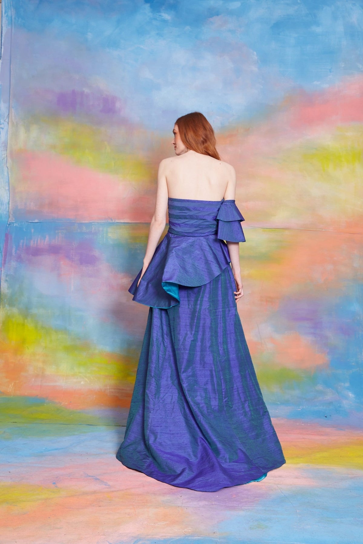 Lavanya Coodly Lavanya Coodly Natasha Blue Silk Evening Gown with Heart Neckline, Exaggerated Off Shoulder Sleeves & Asymmetrical Peplum Detail