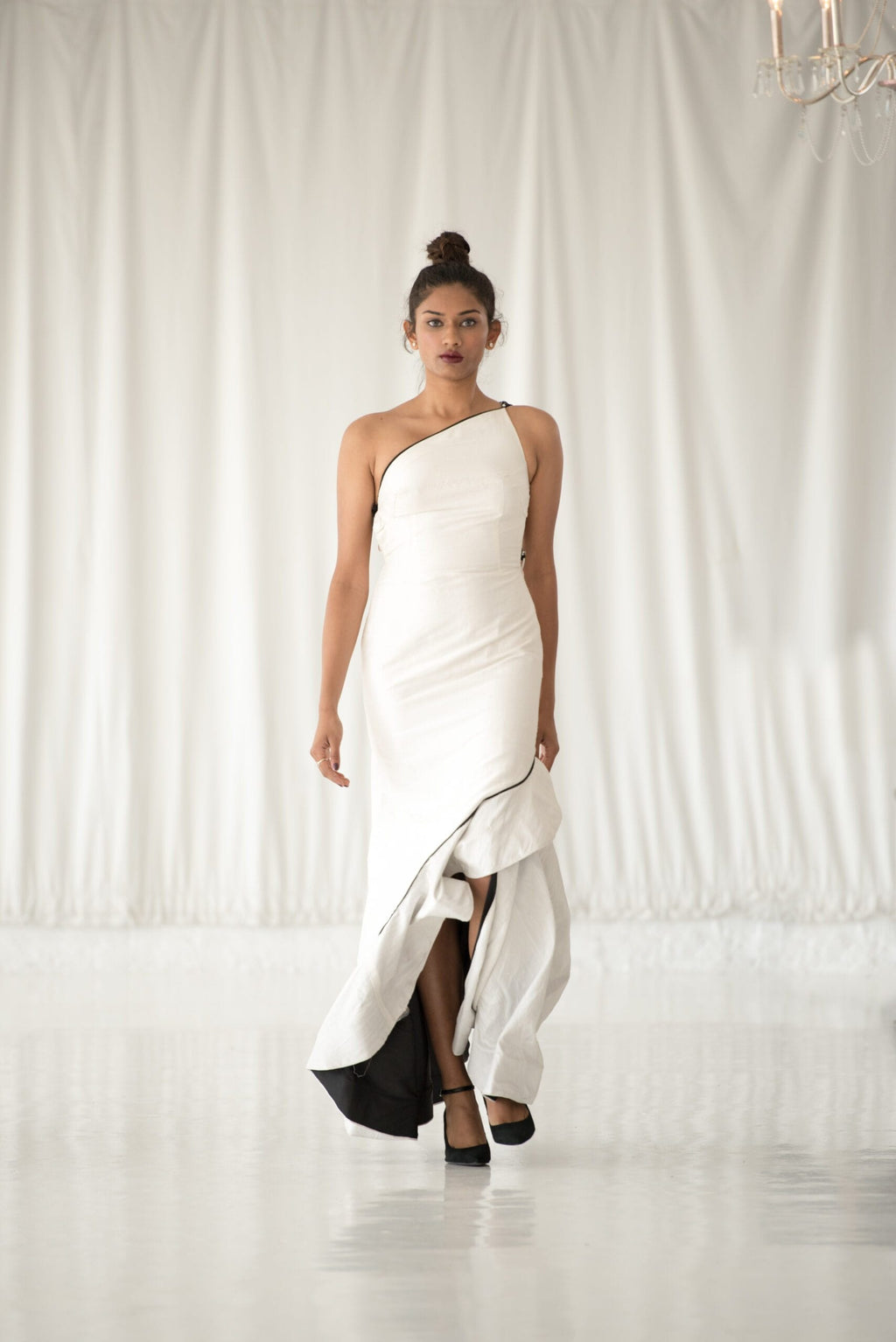 Lavanya Coodly Lavanya Coodly One Shoulder Beaded Floor Length Silk Floor Length Black and White Gown