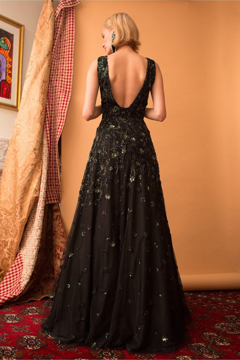 Lavanya Coodly Lavanya Coodly Women's Hand-Beaded Coleen Evening Gown in Black with Green Embellishments