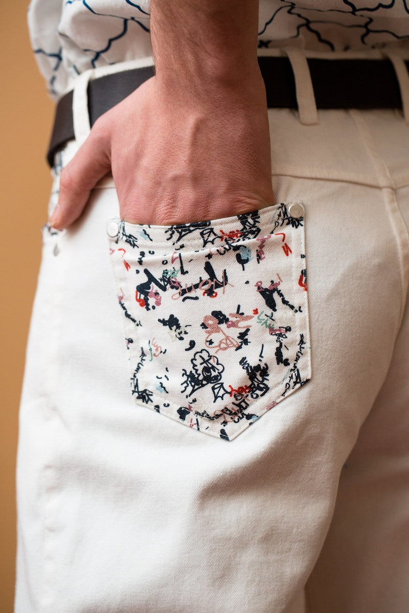 Lavanya Coodly Men's Fashion - Men's Clothing - Pants - Casual Pants Lavanya Coodly Men's White Canvas Theo Pants with Back Pocket Graffiti