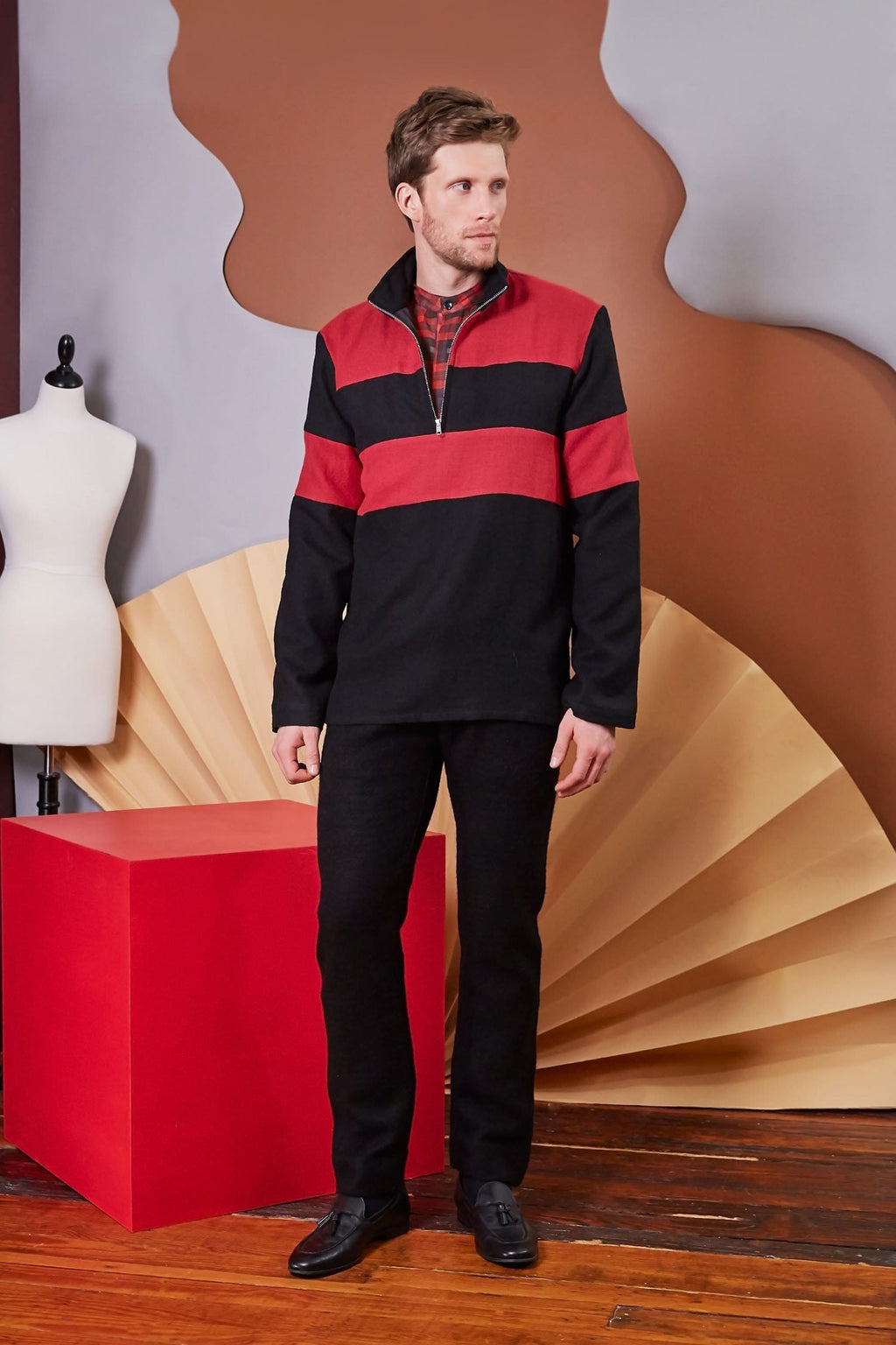 Lavanya Coodly Men's Fashion - Men's Clothing - Sweaters - Pullovers XS / Black/Coral Lavanya Coodly Men's Cliff Black and Coral Merino Wool Sweater