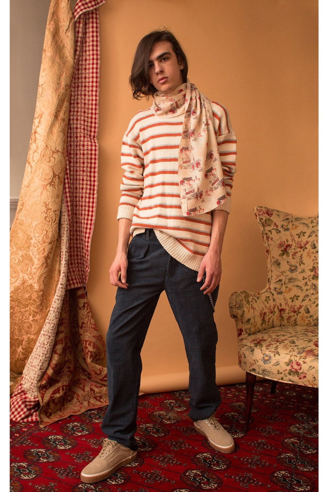 Lavanya Coodly Men's Fashion - Men's Clothing - Sweaters - Pullovers XS / White/Tangerine Lavanya Coodly Adrien 100% Cashmere Striped Sweater