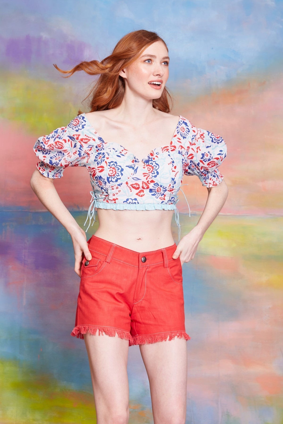 Lavanya Coodly Shirts Lavanya Coodly Women's Kayla Cotton Crop Blouse with Ruffled Off The Shoulder Neckline & Puff Sleeves