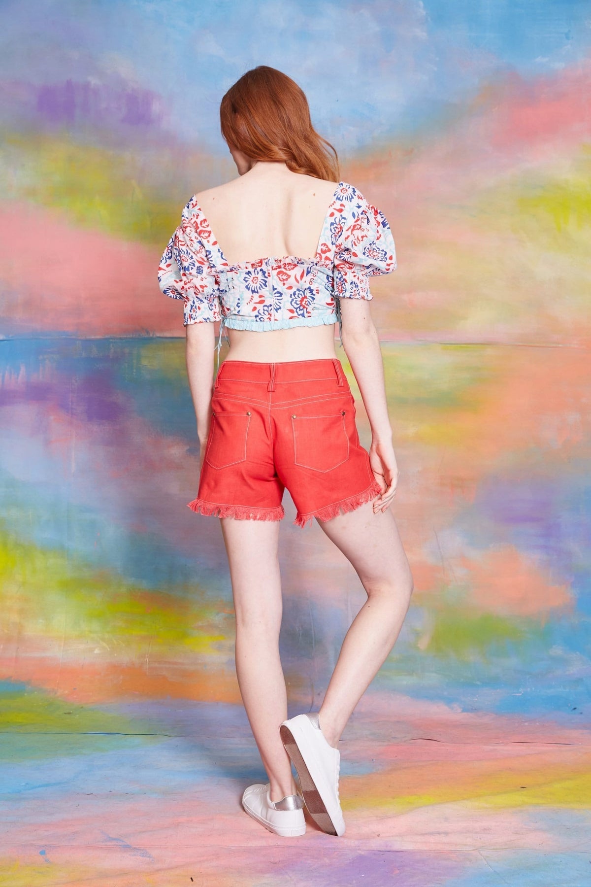 Lavanya Coodly Shirts Lavanya Coodly Women's Kayla Cotton Crop Blouse with Ruffled Off The Shoulder Neckline & Puff Sleeves