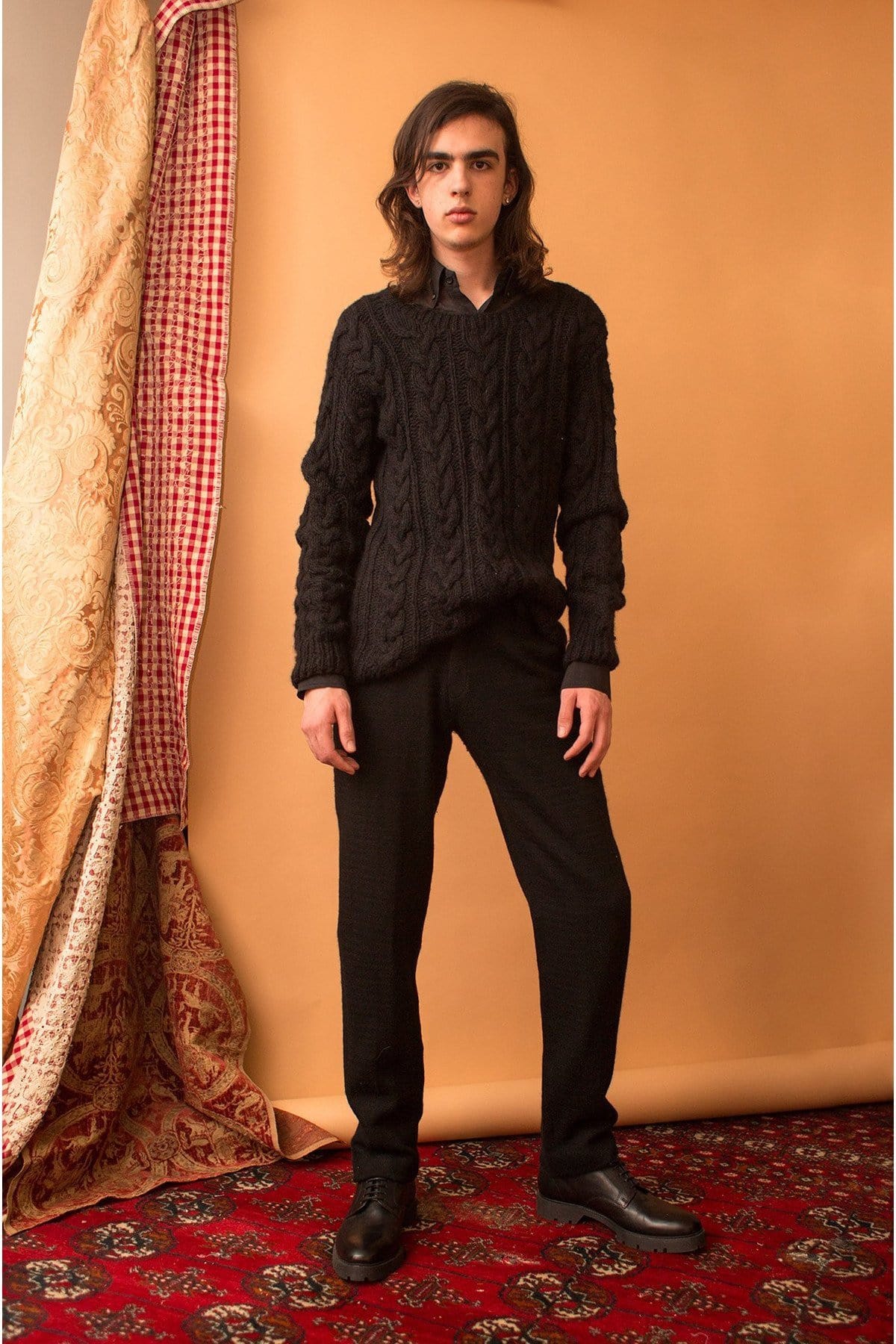 Lavanya Coodly Sweaters - MAN Lavanya Coodly Men's Marc Merino Wool Cable Knit Sweater in Orange, Black, Light Blue, Indigo, or White