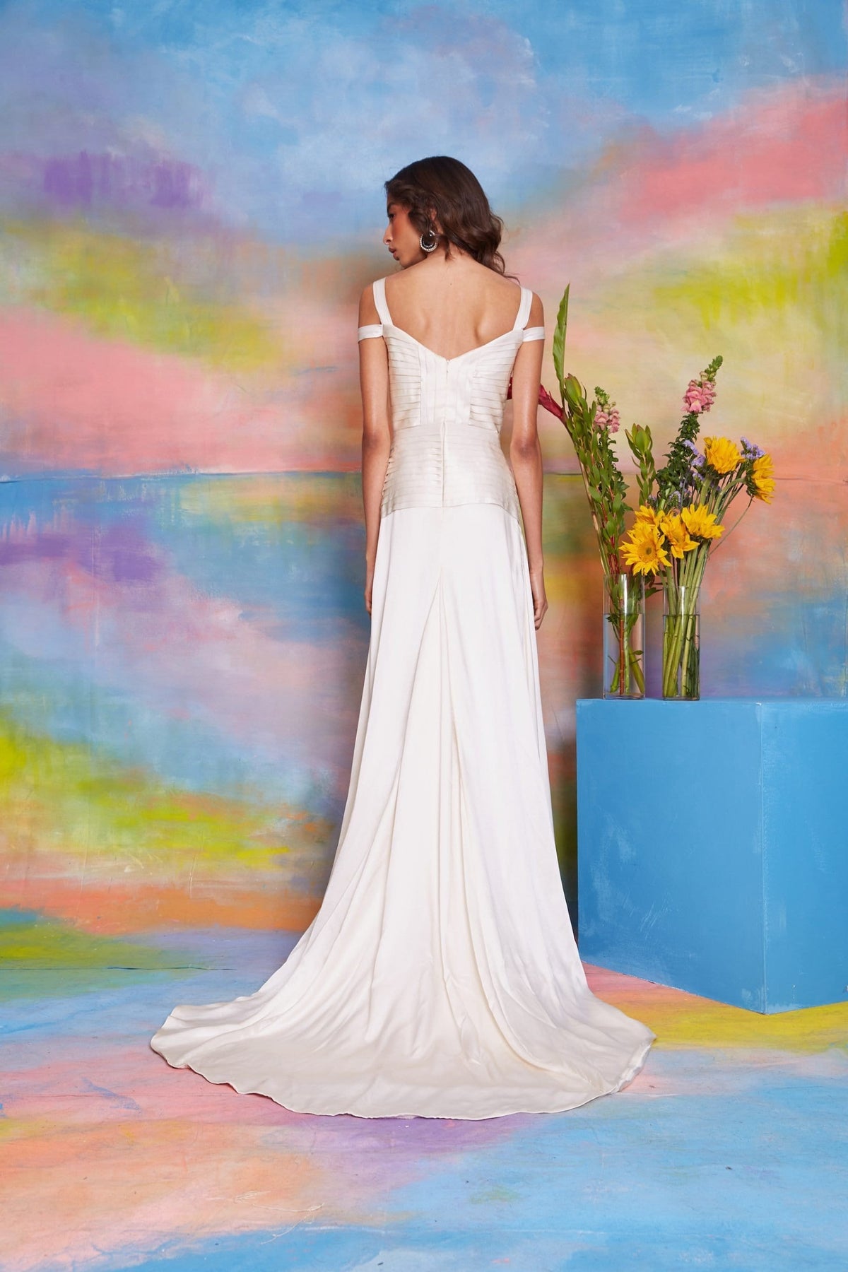 Lavanya Coodly Women - Apparel - Bridal Lavanya Coodly Women's Full Length Gigi Silk Charmeuse Ivory Dress with Corset Silhouette, Gliding Skirt, & Side Slit